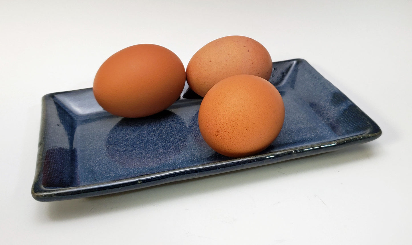 Three brown eggs on a blue rectangular plate against a white background