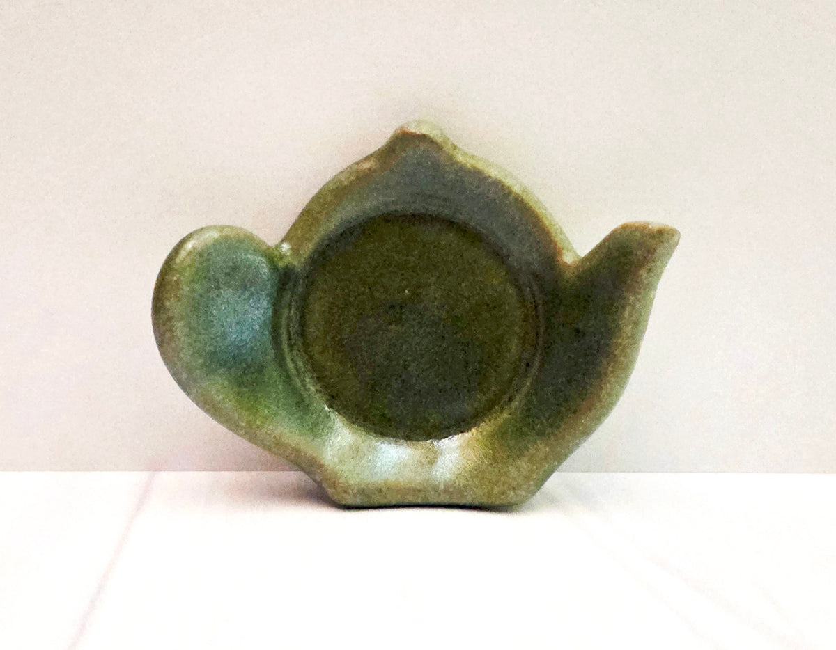 Stoneware tea bag caddy in moss glaze.